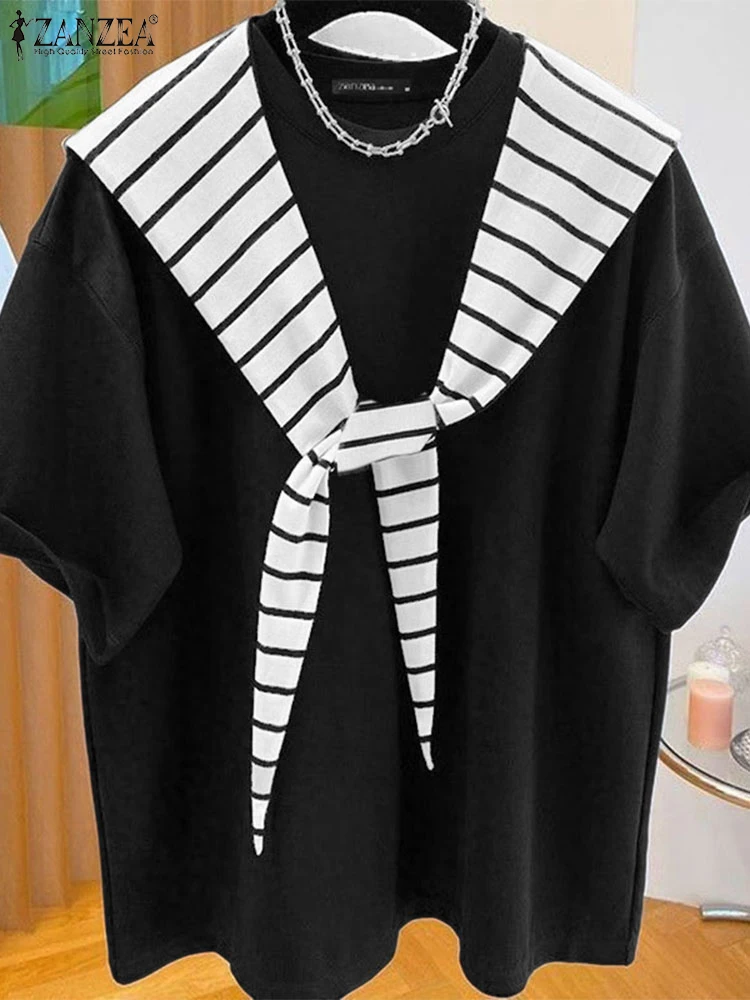 

Модные летние блузки с коротким рукавом ZANZEA 2025, женские свободные топы, элегантная рабочая рубашка с круглым вырезом, полосатая лоскутная сорочка Blusas Mujer