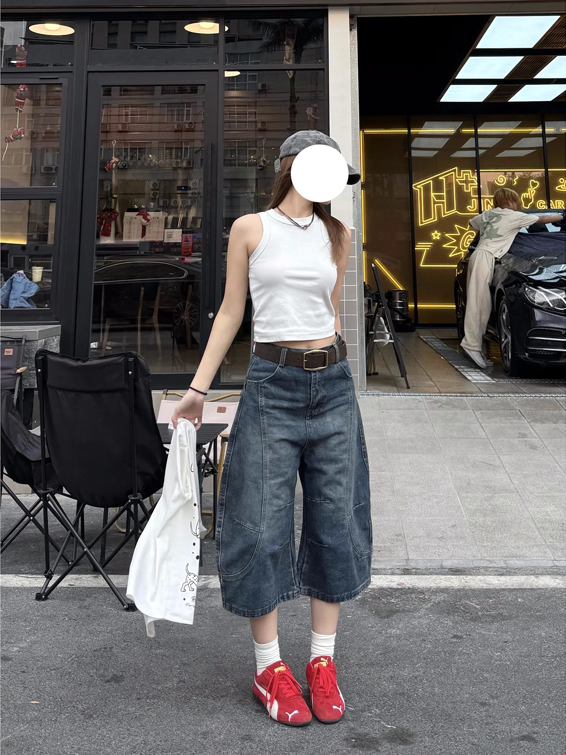 الرجعية الأمريكية Waed فضفاض سكين سبعة أقدام السراويل ex الصيف الشارع CleanFit الصباغة orts واسعة الساق الجينز لباس غير رسمي