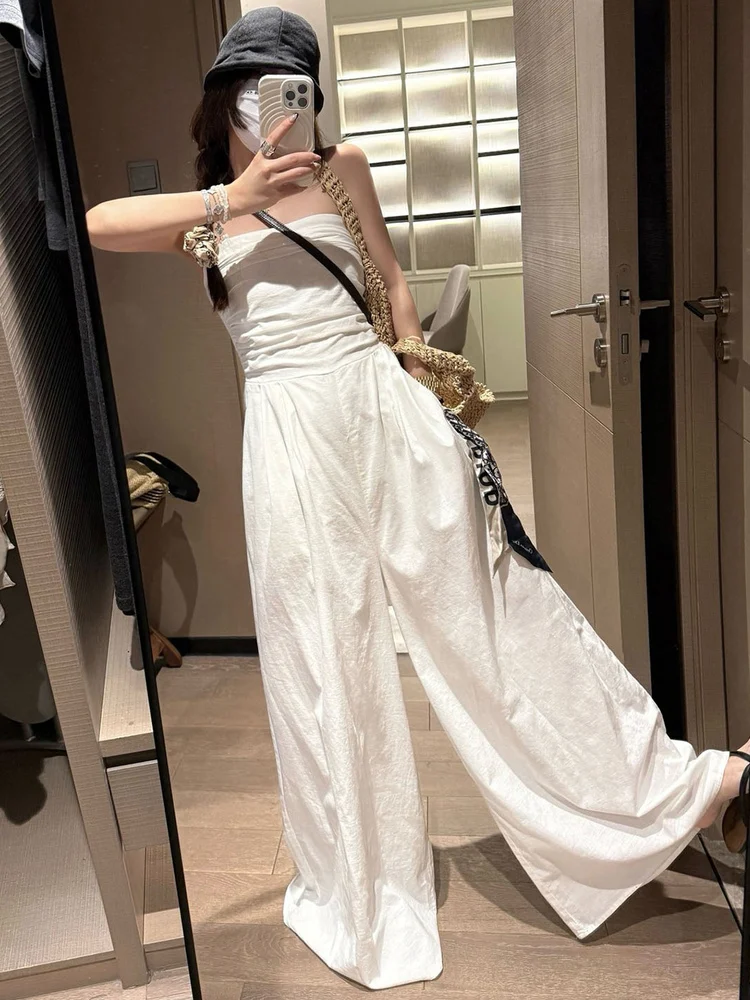 

White Strapl One-Piece Pantsuit Women's Summer 2025 Slimming Bustier Top Wide Leg Long Pants High Waist Cotton Blend