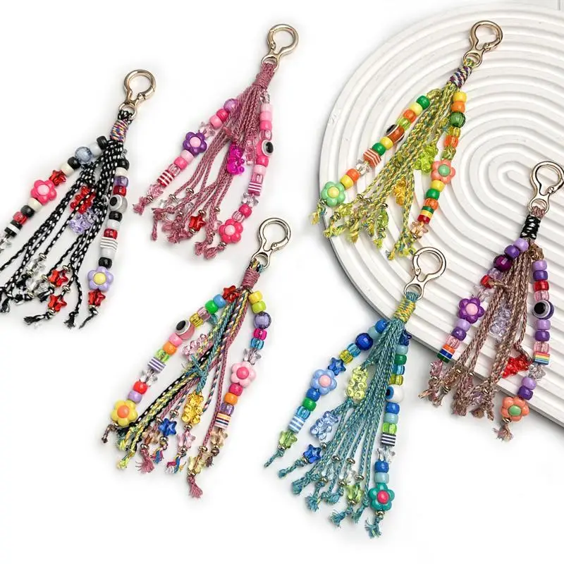 1 Stück Bunter Blumenperlen-Anhänger Schlüsselring Boho Handgefertigter Perlen-Quasten-Schlüsselanhänger für Damen Rucksack Taschen Accessoire Geschenk – Detail 1