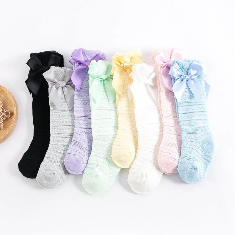 

1 Pair Kids Bow Socks Striped Mesh Summer Thin Mosquito Proof Sock Solid Color Hollow Out Bowknot Royal Style Breath Tights