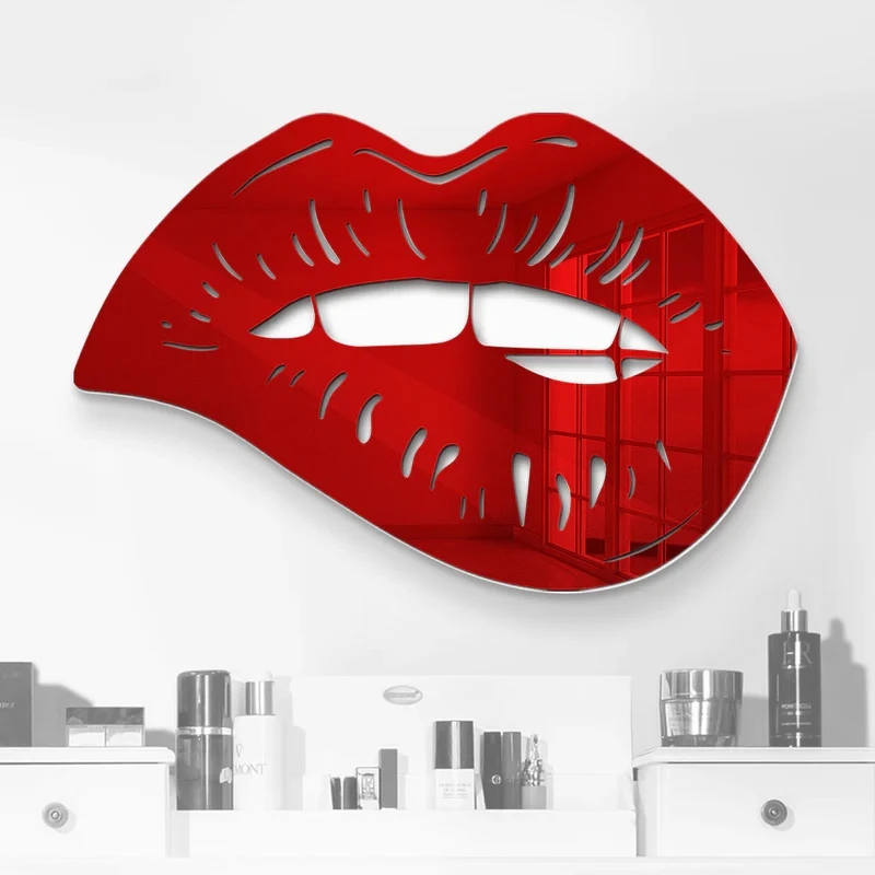 

3D Mirrored Biting Lips Acrylic Sign Wall Art Decor Red Kiss Lips Logo Girls Dorm Room Aesthetic Decoration Beauty Salon Signage