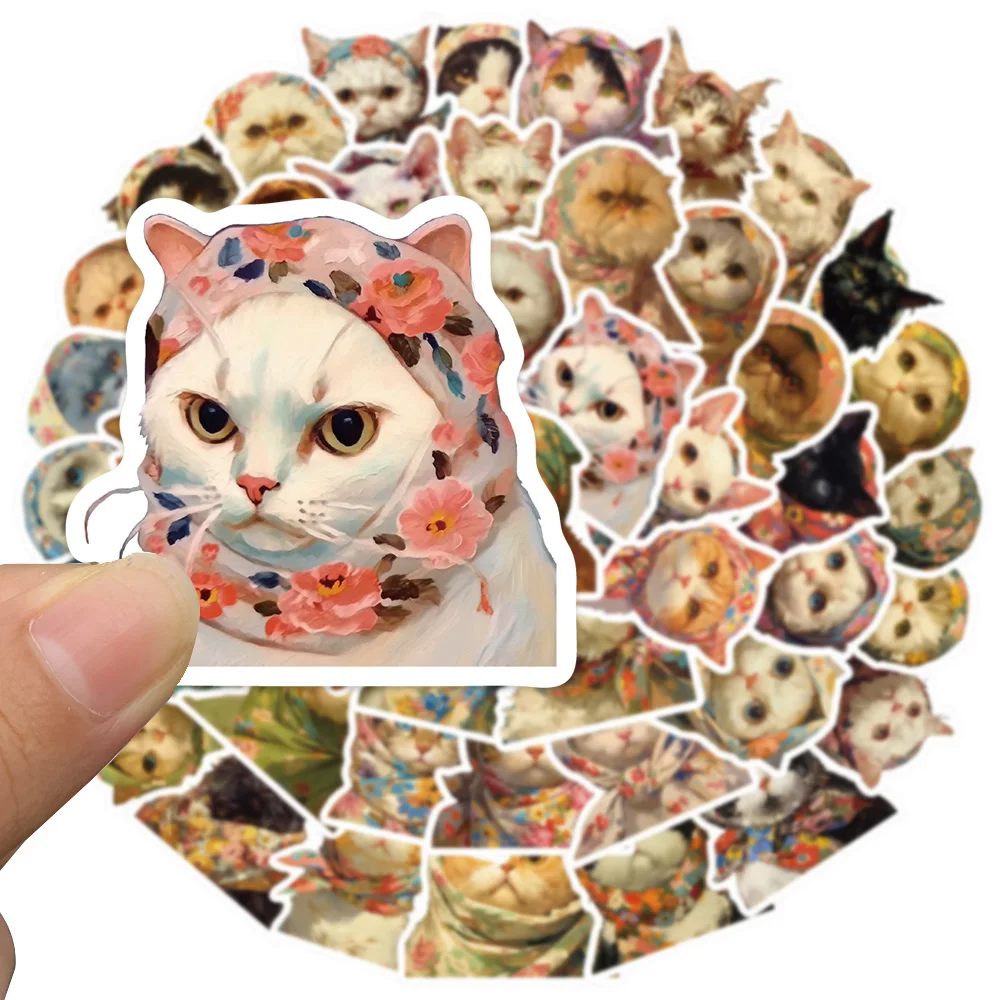 50pcs Retro Cartoon Aesthetic Headscarf Cats Stickers Animals Water Bottle Sticker Luggage Laptop Guitar Waterproof Vinyl Decals