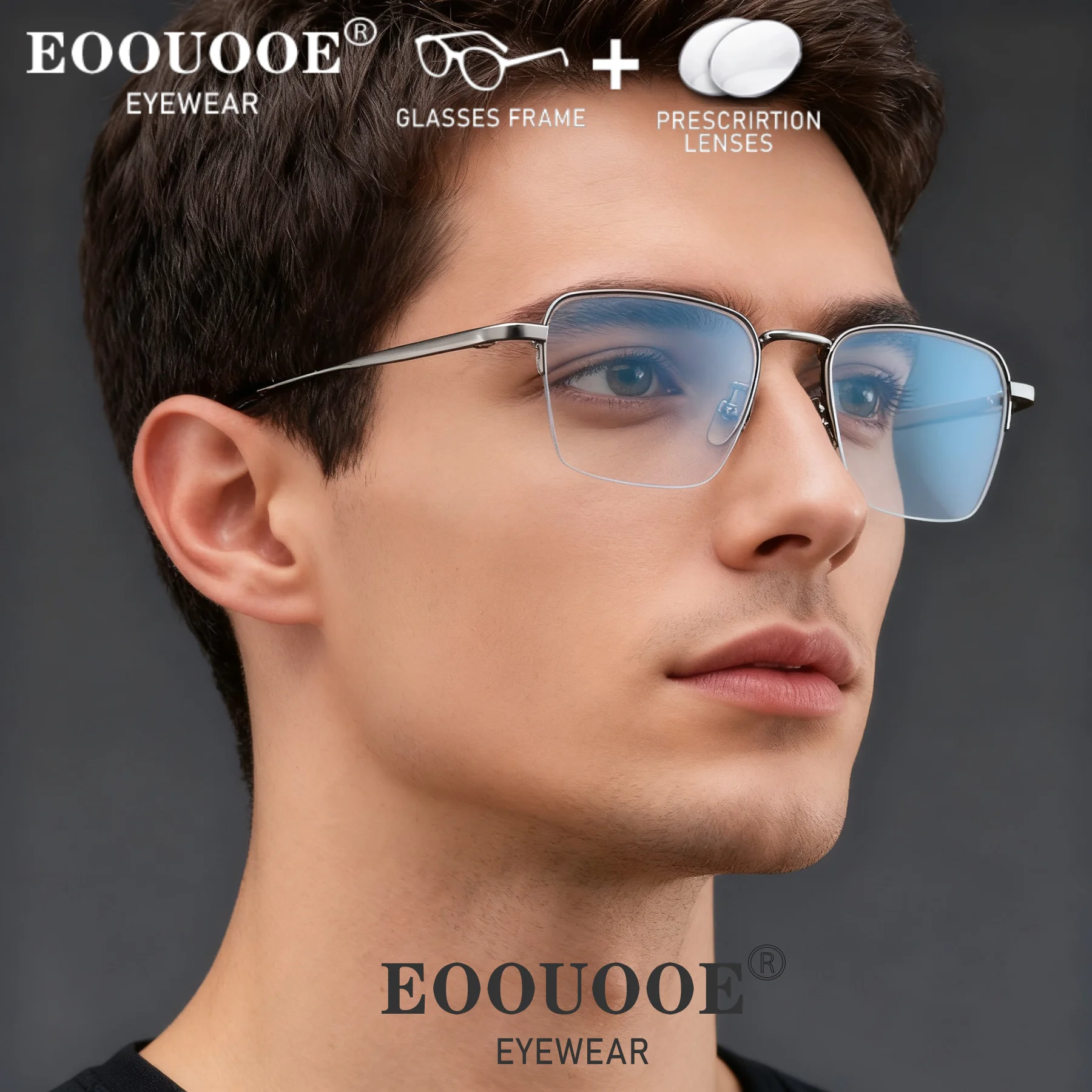 

Square Half Frame Eyeglass Titanium Myopia Single Vision Progressive Prescription Lenses Anti-Reflective Men's Optical Eyewear