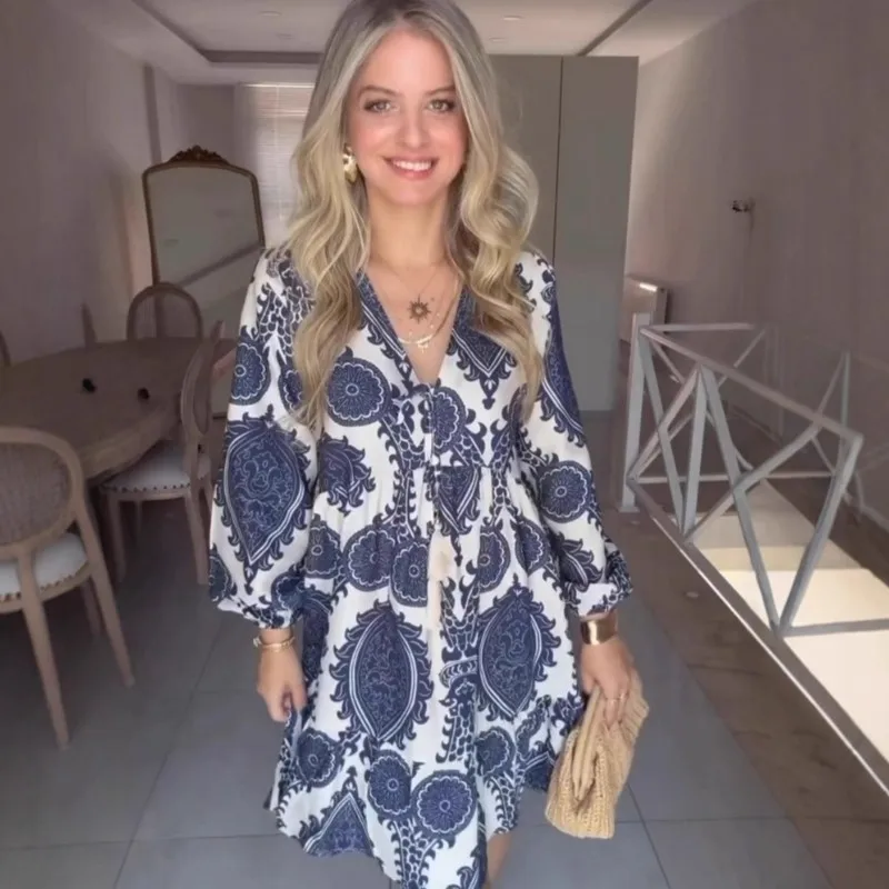 Abito estivo con stampa scollo a V profondo Moda donna Boho Abiti stile nazionale Abito estivo da spiaggia allentato casual