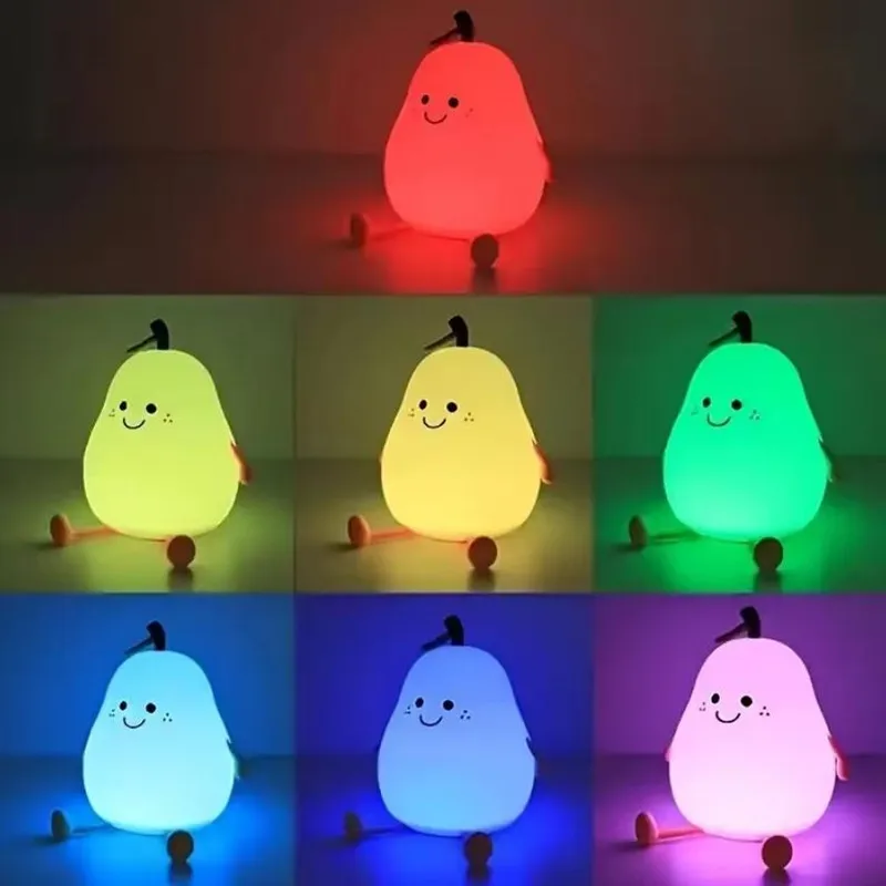 Cute 7 Colors Pear-Shaped Silicone Decompression Light, Touch-Controlled , For Rooms Bedside Lamp