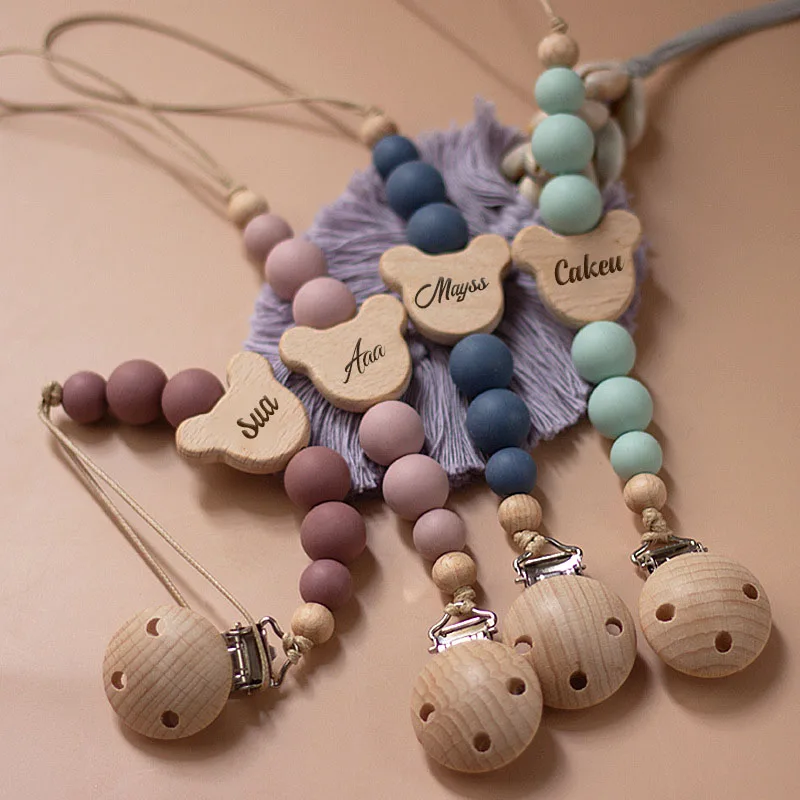 Personalisierte Name Holz Baby Schnuller Kette Silikon Perle Schnuller Nippel Halter Schutz Beißring Anhänger Neugeborenen Dusche Geschenk – Detail 4