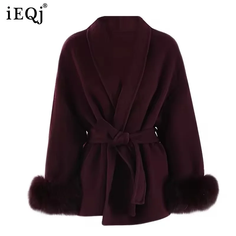 IEQJ Angola Woolen Coat Women's Notched Loose Sashes Real Fur Long Sleeves Short Blends Coats Female Spring Autumn 2025 New