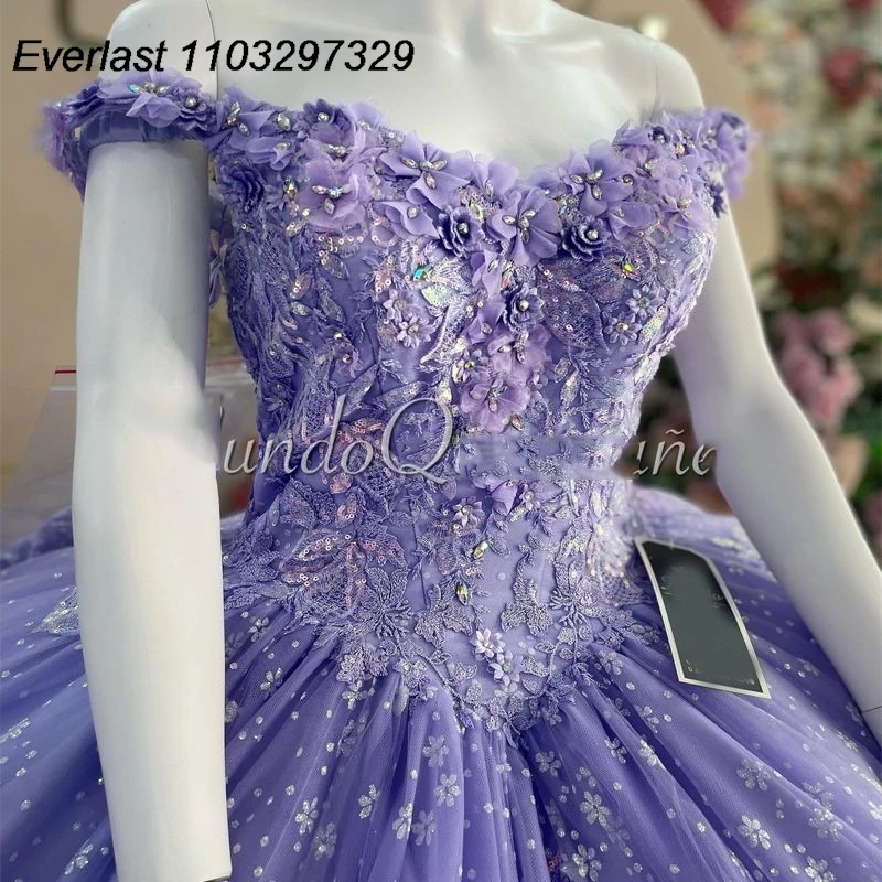 EVLAST lavanda Quinceanera vestito Off spalla Applique fiore floreale in rilievo abito da ballo dolce 15 corsetto Vestido De 15 Anos TQD574