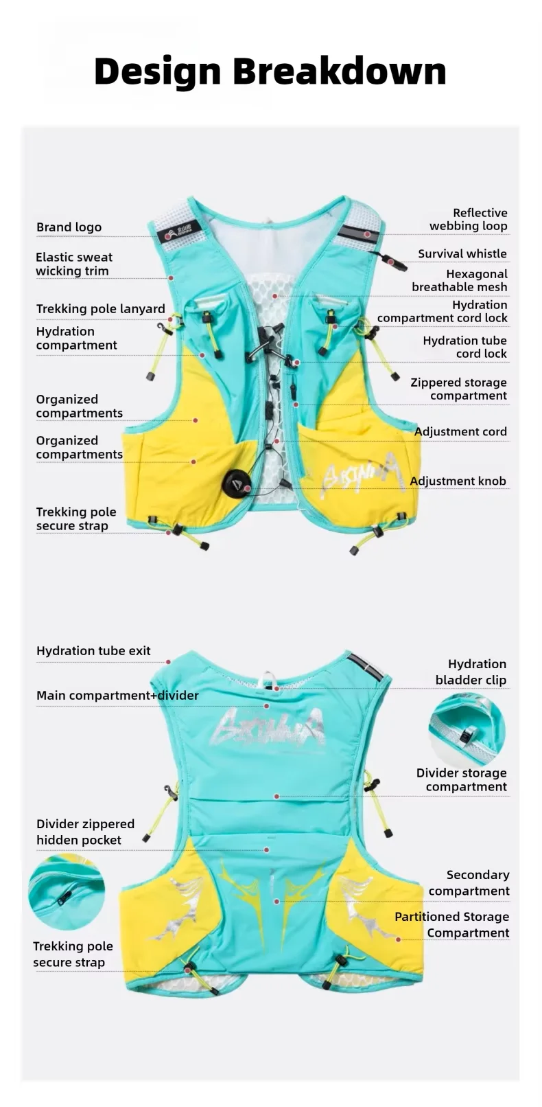 BISINNA Trail-Running-Weste Ultraleicht 8L Mehrere Taschen Hydrationsrucksack Atmungsaktiv Marathon Radfahren Outdoor Wandern – Detail 10