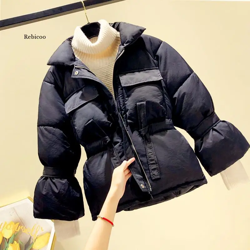 

2022 Womens New Winter Jackets Fashion Winter Cotton Jacket With Belt Loose Coat Women Button Down Cotton Jacket Ladies