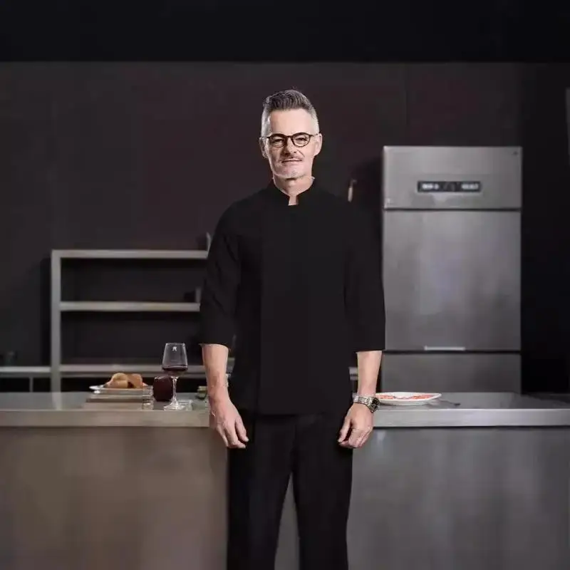 

Autumn Winter Solid Color Catering Chef Half Sleeve Workwear Printed Logo Baking Restaurant Cafeteria Kitchen Clothes Jacket