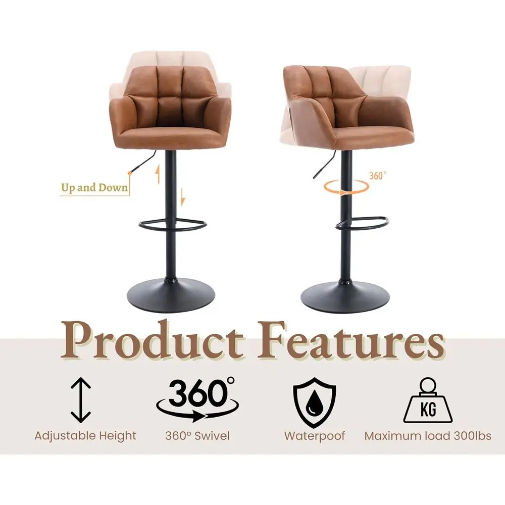 Swivel Bar Stools Set of 2 Leather Counter Height Barstools with Back and Arms Adjustable Bar Stool Chairs with Metal Base for K - view 6