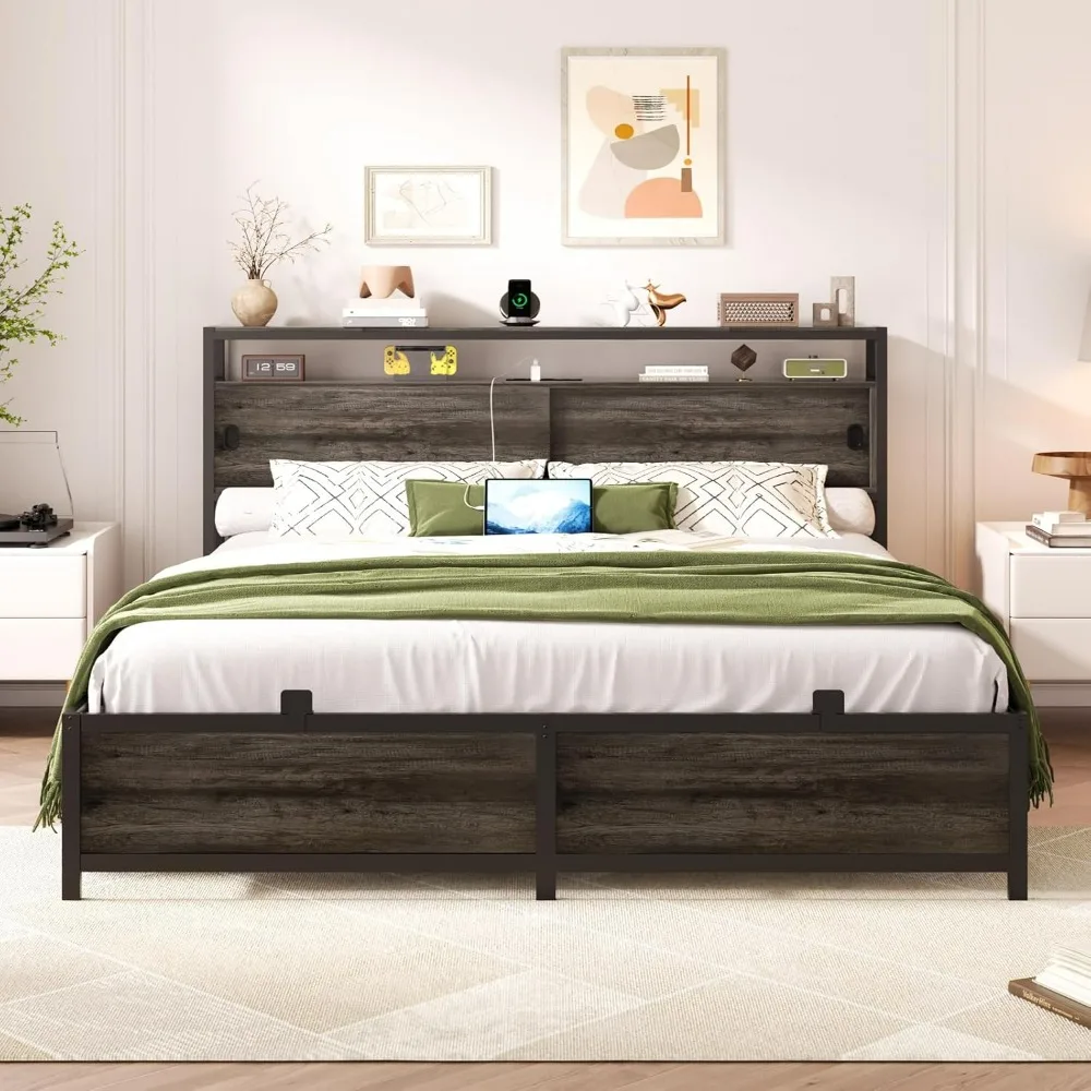 Queen Size Bed Frame - Storage Headboard Bed with Sliding Doors, LED Lights & USB Charging Station, Metal Platform Bed Frame