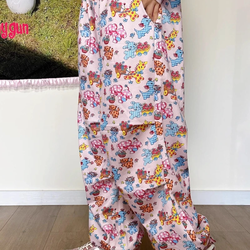 خريف شتاء جديد رقيقة المخملية الحيوان طباعة الوردي فضفاض المرأة Sweatpants الرجعية تصميم الحلو كول تنوعا سراويل تقليدية السيدات
