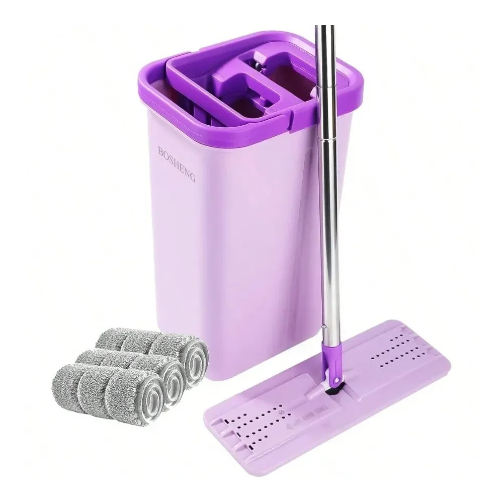 

And Bucket With Wringer Set, Hands Flat Floor Mop And Bucket, 3 Washable Microfiber Pads Included, Wet And Dry Use, Home Floor