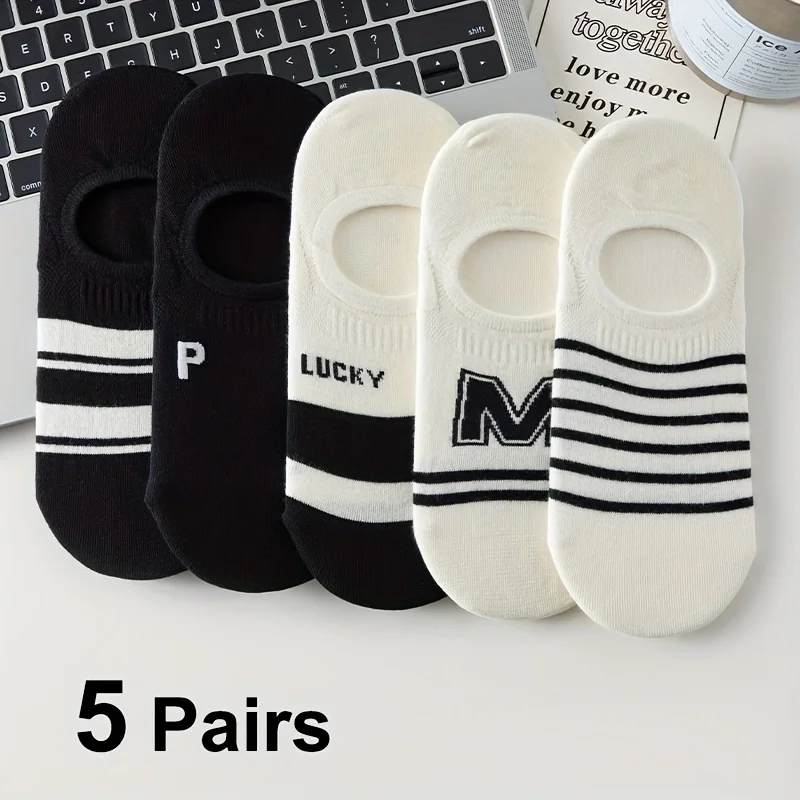 5 Pairs Women\'s Ankle Polyester Black And White Socks Cute Little Bear Letter Breathable Striped Jacquard Socks