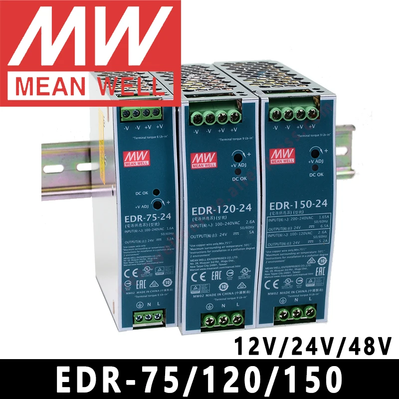 Zasilacz przemysłowy na szynę DIN Mean Well EDR-75/120/150-12/24/48, pojedyncze wyjście, 12V 24V 48V DC, 75W 120W 150W