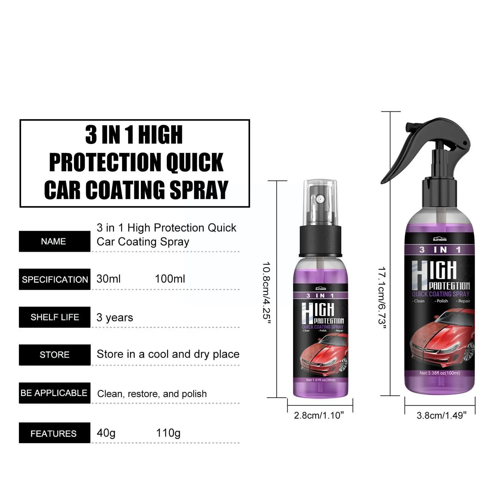 3 In 1 Car Ceramic Coating Spray 30ml/100ml Auto Nano Wax Ceramic Repair Car Polishing Coating Remover Paint Scratch Sprayi W2H9