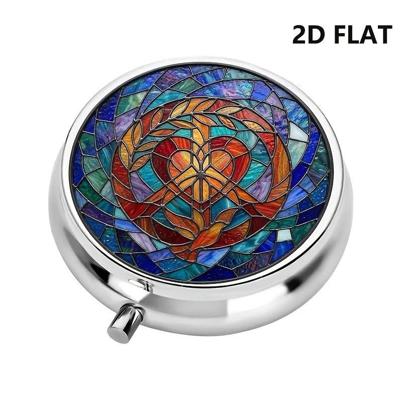Two-dimensional design, single-piece storage box with 3 compartments, featuring a theme of spiritual harmony, decorative wallet case, metal vitamin storage box, unique travel style, suitable for travel and daily use, two-dimensional design