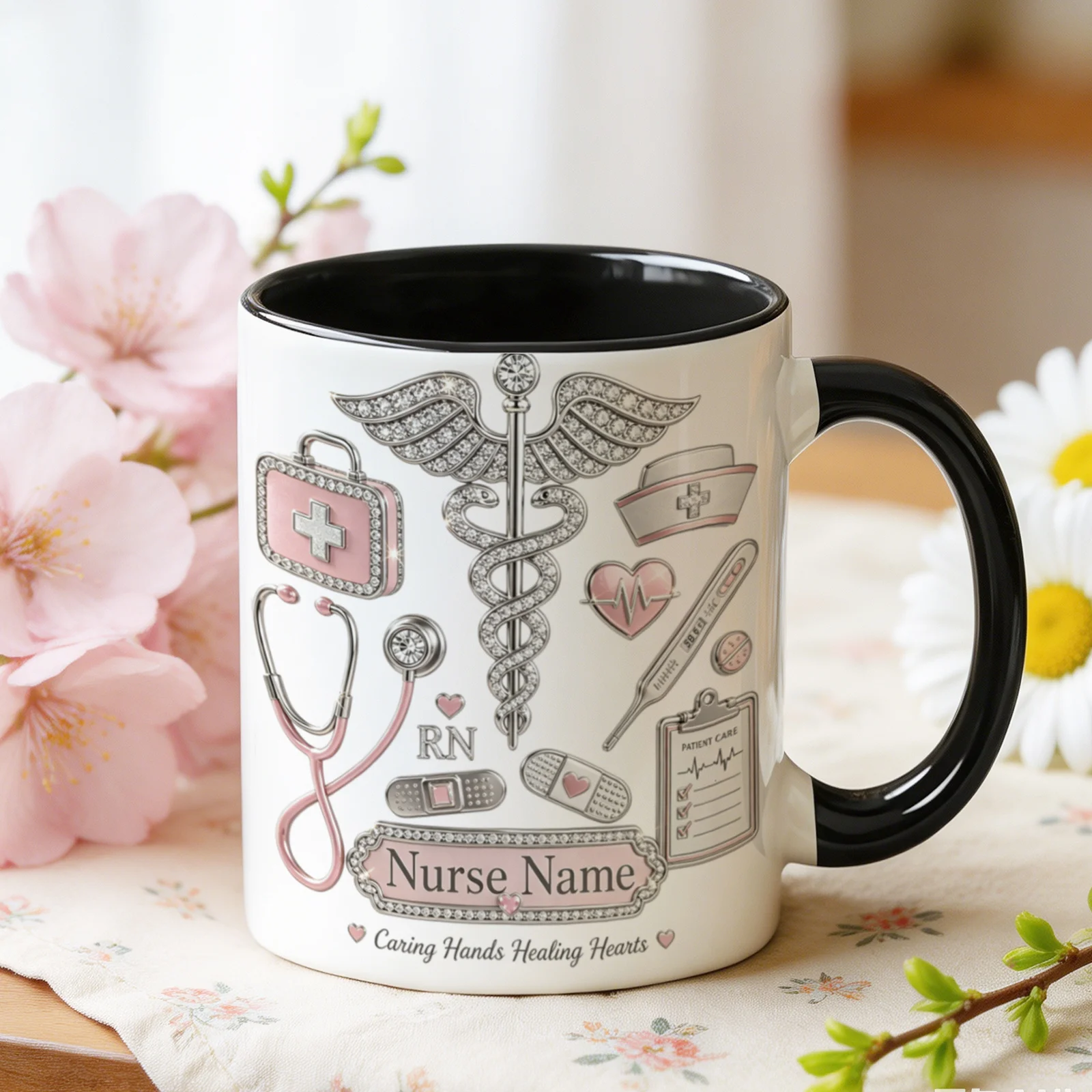 Custom Registered Nurse Coffee Mug Pink Rhinestone Medical Pattern Gift for Nurse Graduation Birthday Christmas