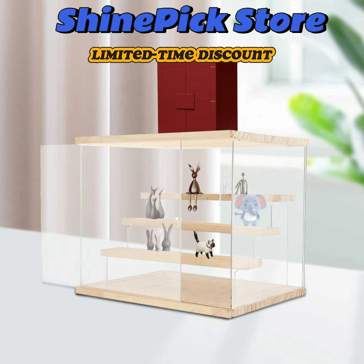 

4-Tier Clear PS Display Case—Solid Wood/Pine (Polished) 4.41-6.61lbs/Tier Load, Step Structure, Ideal for Figurines/Collectibles