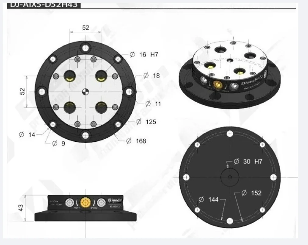

DJ-AIX5-D52-H43 Высокопозиционная быстросменная пластина для оснастки с четырьмя или пятью осями, самоцентрирующийся зажим Tiger Clamp
