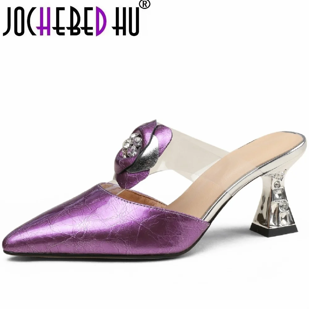 【JICHEBED HU】Women Genuine Leather Mules Pointed Toe Thick High Heel Flower Crystal Transparent Ladies Fashion Shoe Summer 34-40