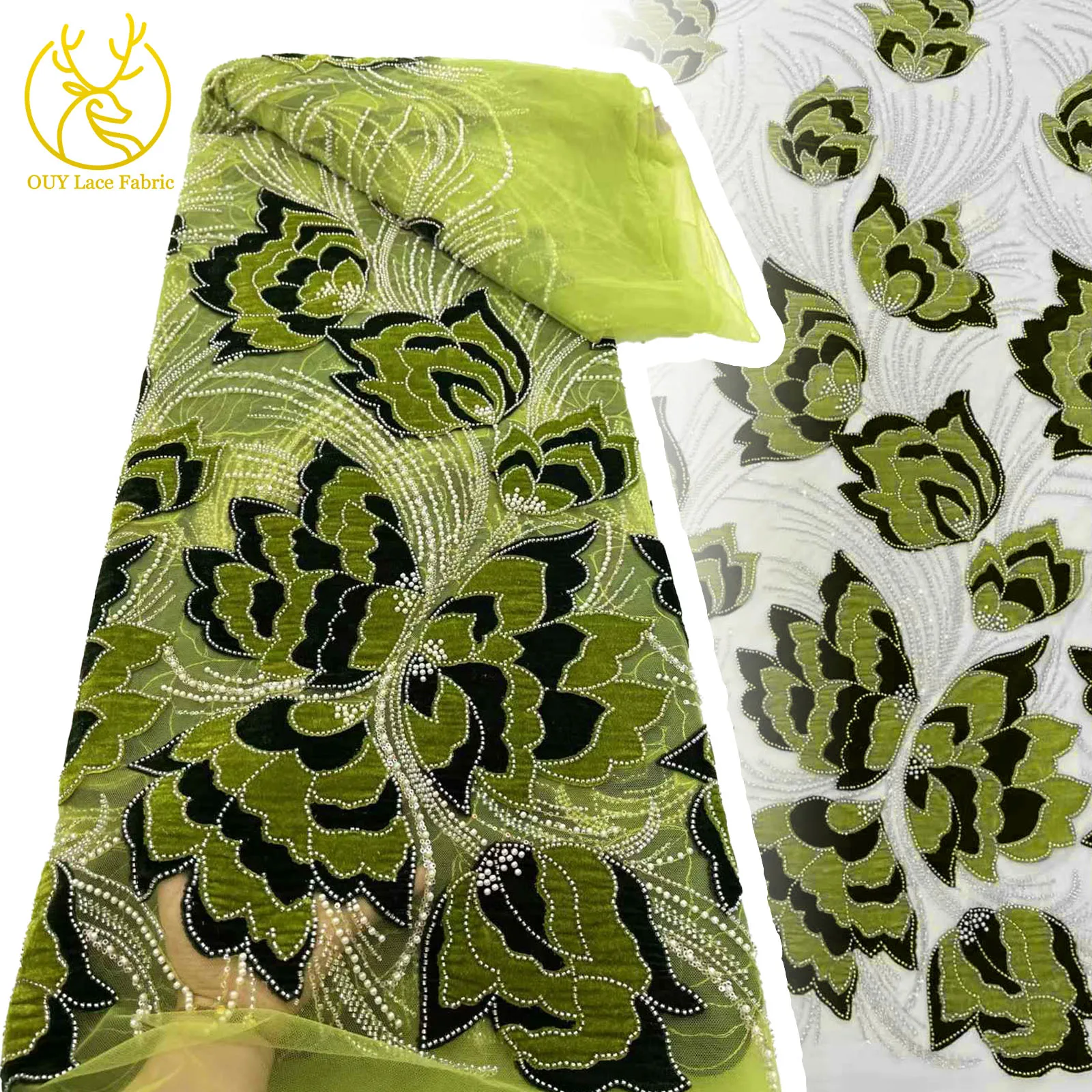 

Elegant French Beaded Embroidered Lace Fabric 2025 African Nigerian Sequin Lace Fabric for Wedding Party Dress Sewing 5 yards