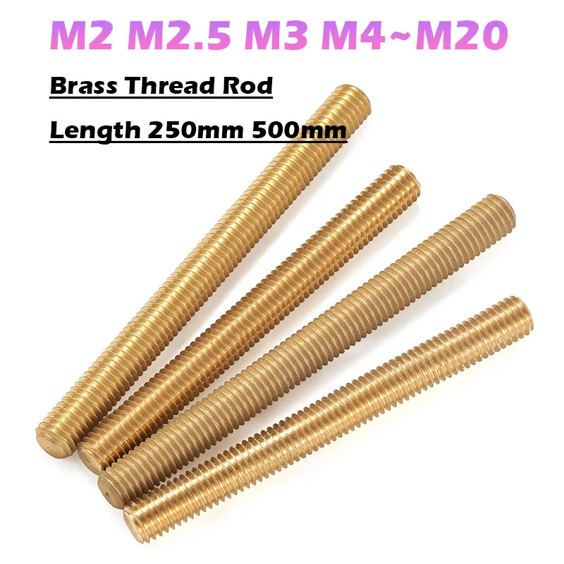 Solid Brass Full Thread Rod M2 M2.5 M3 M4 M5 M6 M8 M10 M12~M20 Metric Bolt Full Thread Shaft Rod Bar Stud Length 250mm 500mm