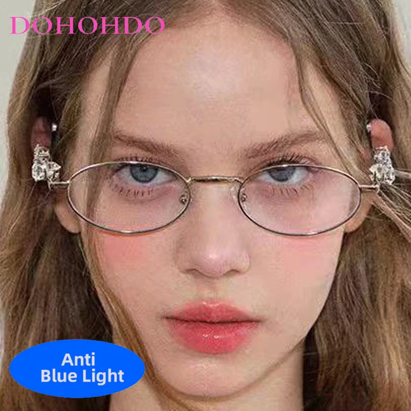 

Fashion Y2K Brand Design Metal Small Oval Frame Rhinestone Decorate Women Glasses Anti-Blue Light Computer Games Optical Eyewear