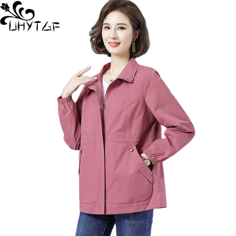 UHYTGF Spring Autumn Trench Coat For Women Casual Mother Short Tops Outerwear Korean Loose Thin Big Size Windbreaker Female 2172