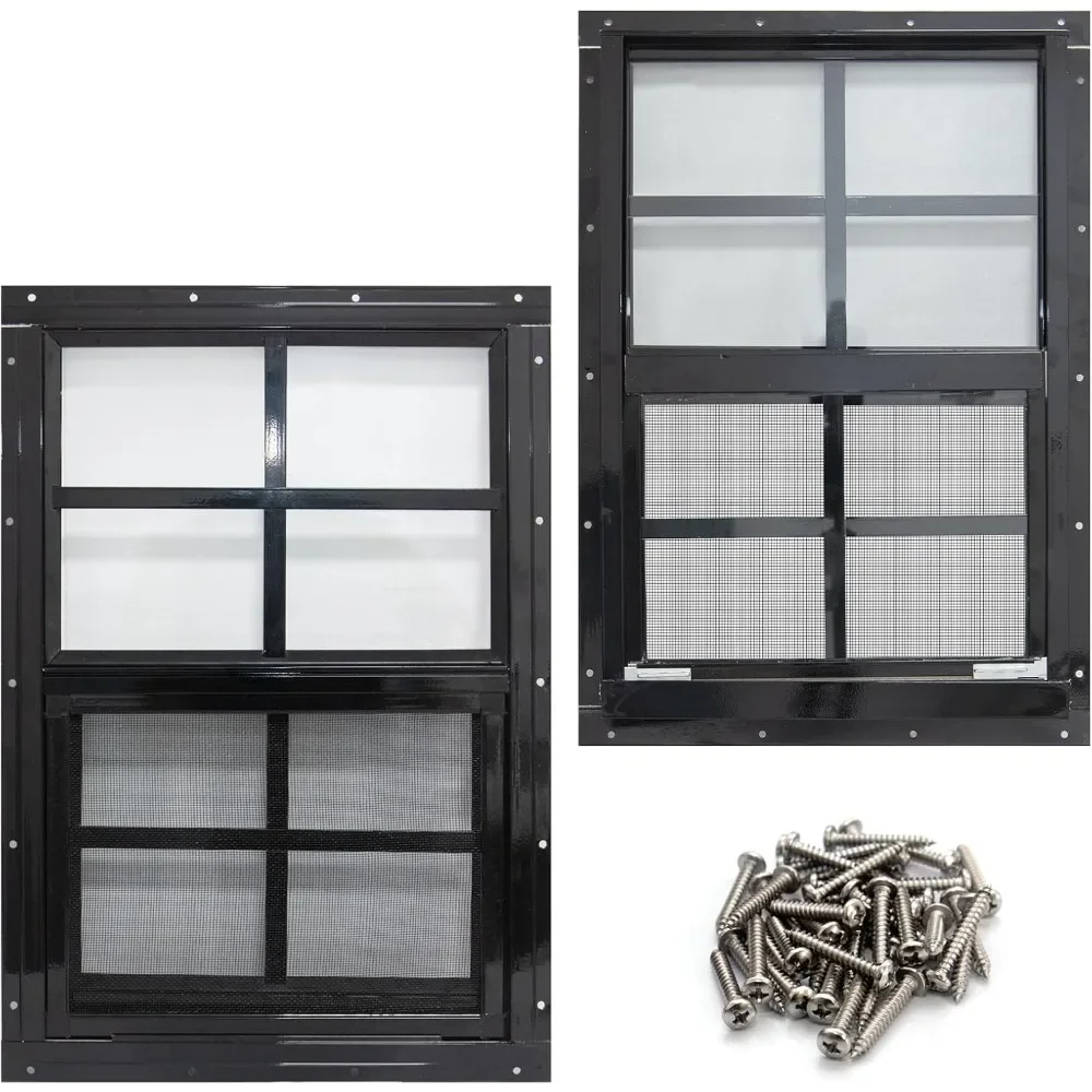 

2 pack shed window with black frame, 24 x 36 flush mount small window with tempered glass and fiberglass screen for shed, chick