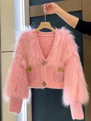 Gagarich Women Fashion Sweater Loose Beautiful Pink Sweet Knitted Splicing Imitation Mink Fur New 2025 Hot Cardigan Fur Top