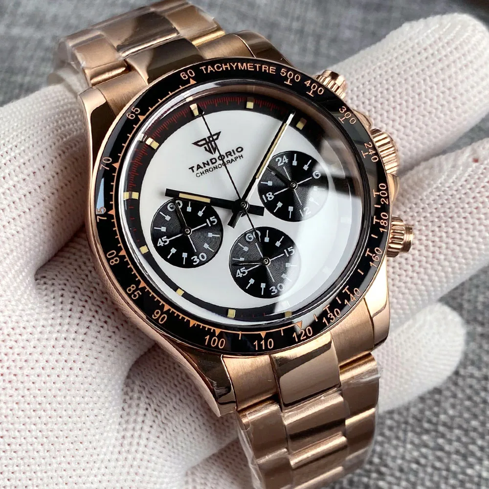 Tandorio Chronograph ควอตซ์นาฬิกาดําน้ํา 38 มม.Sapphire VK63 การเคลื่อนไหวนาฬิกาจับเวลาสีดําสีขาวสายสแตนเลส Montre Homme