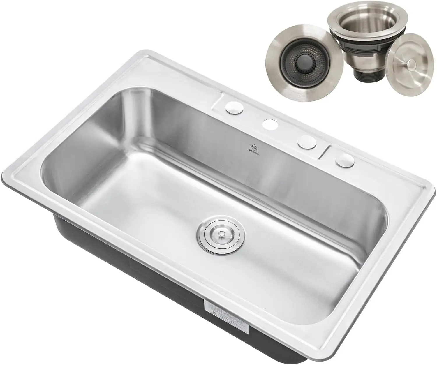 

33 x 22 x 9 Inch Top mount Drop in Stainless Steel Single Bowl Kitchen Sink with Strainer 18 Gauge Stainless Steel 4 Faucet Hole