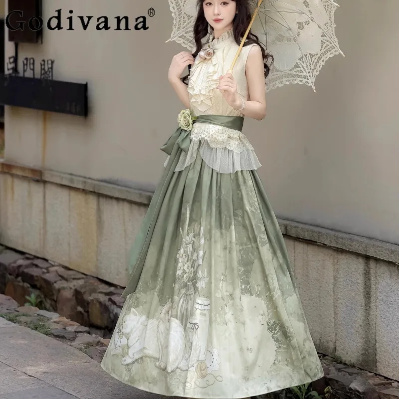 

Women Original Elegant Two Piece Sets Stand Collar Sleeveless Tops Elastic High Waist Skirts Suits Ladies Ruffles Lolita Outfits