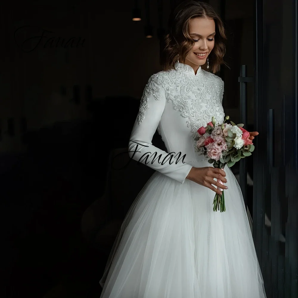 Personalizado alta pescoço manga longa vestido de casamento rendas apliques tule zíper até o chão vestido de noiva robe de soirée mariage плат