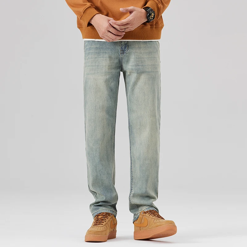 Retro Nostalgic Mud Yellow Men's Straight Leg Loose Jeans Autumn New Korean Casual Mid High Waist Large Size Denim Pants 29-42