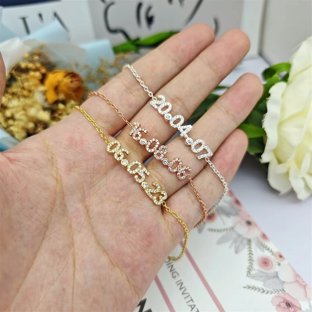 2023 Custom Anniversary Date Bracelet Personalized Number Zircon Charm Bracelet Chain Memorial Women Gifts Jewelry