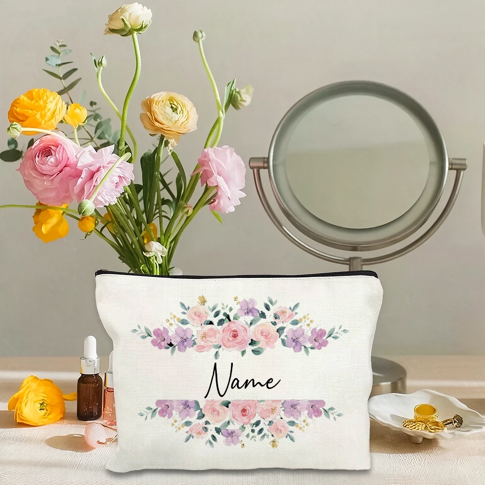Watercolor Floral Name Frame Makeup Bag, Travel Essentials Cosmetic Toiletry Bag, Bridesmaid Birthday Gift with Custom Name