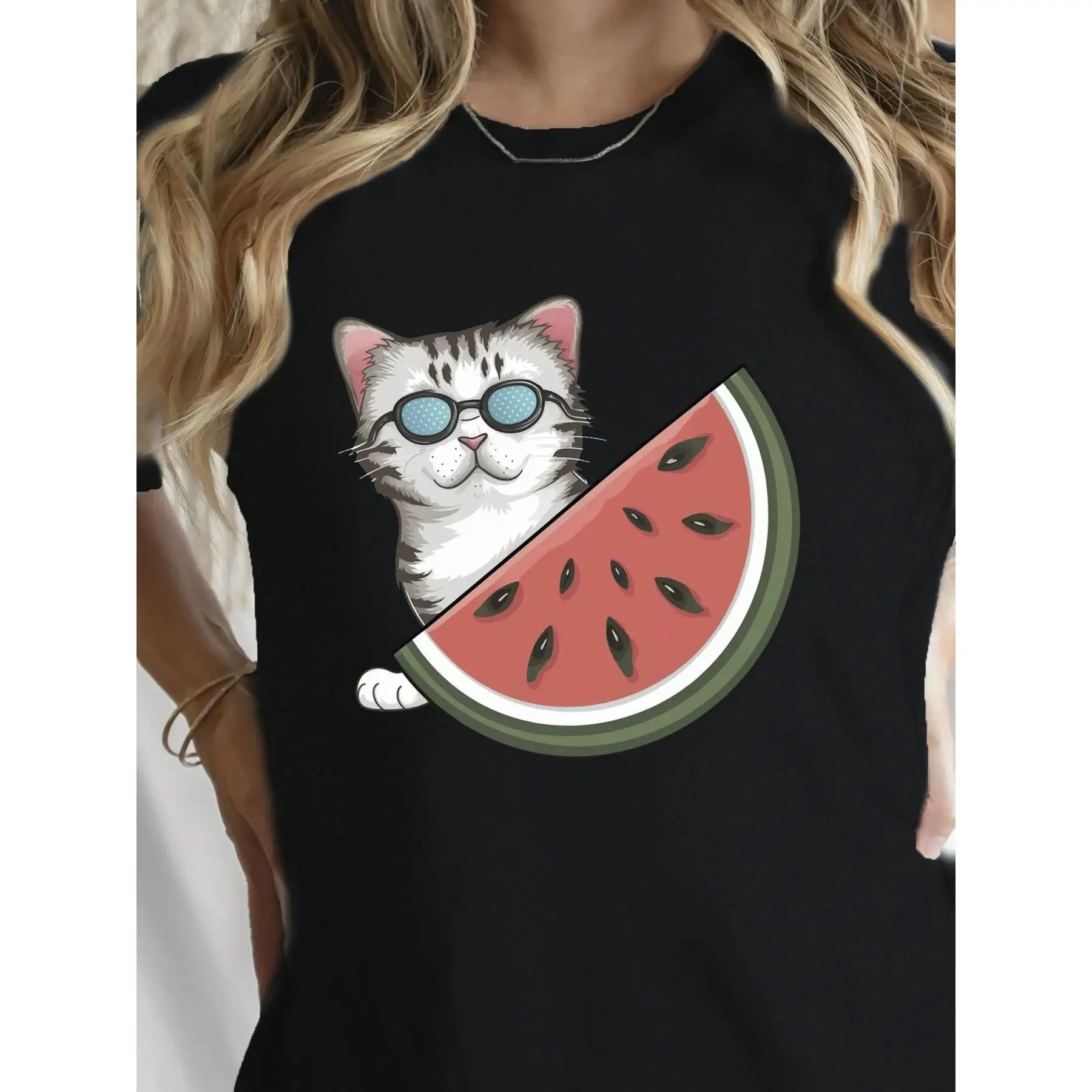 

Funny Summer Cat Graphic T-Shirt Women’s Watermelon Print Cotton Tee for Pet Lovers, Vacation or Birthday Gift