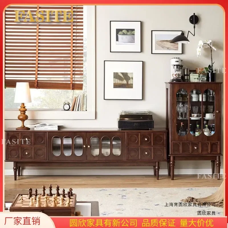 French Simple Solid Wood Coffee Table TV Cabinet Combo Side Storage Unit Black Walnut Floor Standing Media Console for Living