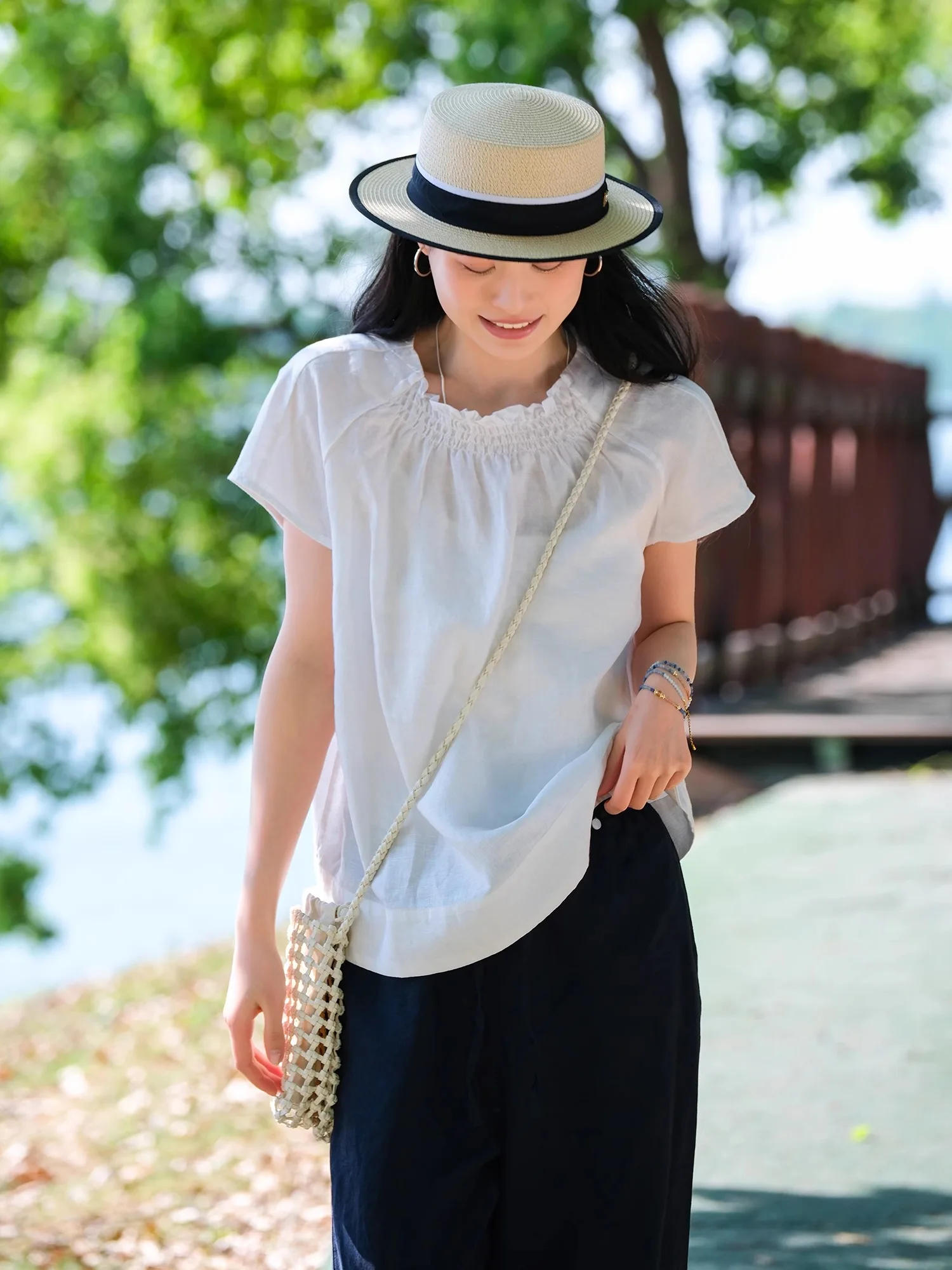 

Летний женский топ из 100% льна свободного кроя с воротником-стойкой, в корейском стиле, для повседневной носки