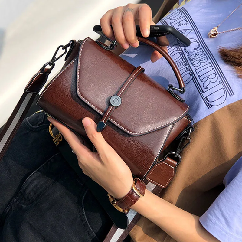 Cowhide Genuine Leather Mini Satchel Bag Women Small Flap Crossbody Shoulder Purse with Top Handle & Detachable Wide Strap