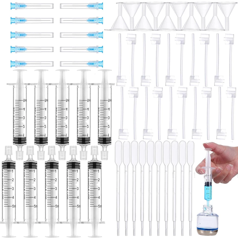 Conjunto de ferramentas de bomba de recarga de perfume de 60 peças, kit de transferência de dispensador de perfume recarregável de plástico transparente, inclui funil, bomba de distribuição, seringa, conta-gotas e conta-gotas de aperto, adequado para cosm