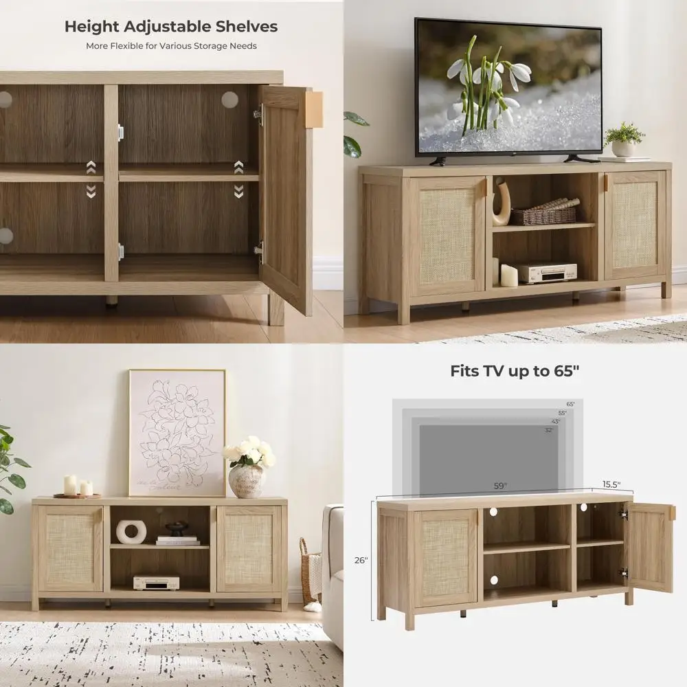 

Подставка под телевизор из ротанга для гостиной, 26, высокий консольный шкаф с местом для хранения и регулируемой полкой, развлекательный центр в богемном стиле