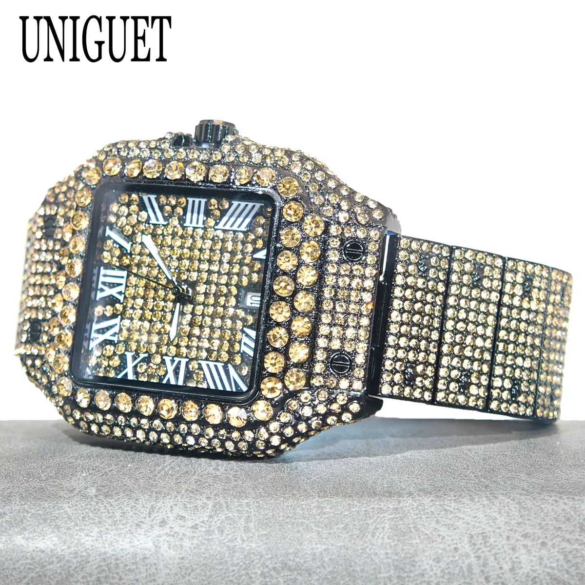 UNIGUET Fashion Champagne Watch For Men Luxury Roman Numerals Square Wristwatch Man's Hip Hop Full Diamond Shiny Watch Hot Sale
