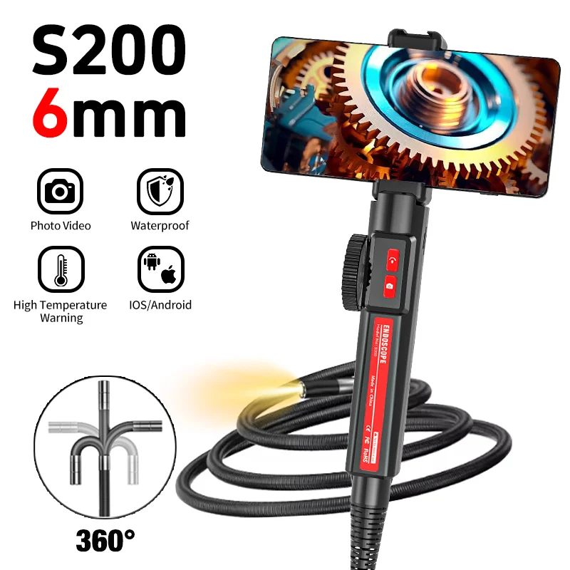 360° Two-Way Articulating Borescope Industrial Endoscope 6.2mm Car Sewer Inspection Camera with Light for  IOS Android
