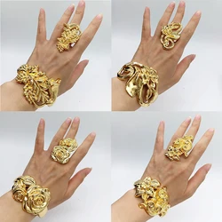 Dubai Bangle with Ring For Women Moroccan 18k Gold Plated Copper Jewelry Accessory Nigerian Wedding Party Gift Bracelet Ring Set